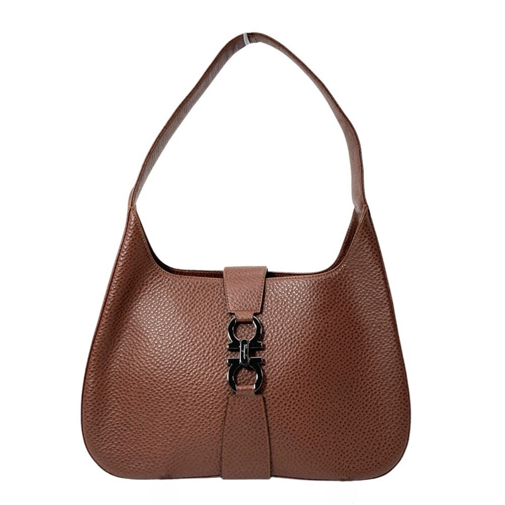 Salvatore Ferragamo Ferragamo Gancini Shoulder Bag, Grain Leather, Brown, Hob...